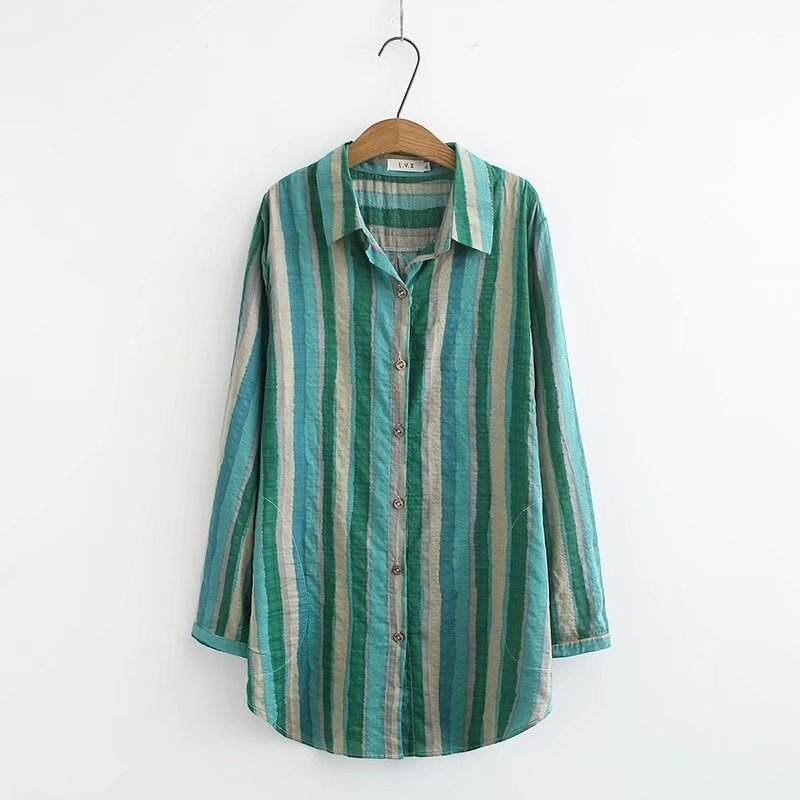 Women Autumn Stripe Lapel Neck Blouses Loose Tops - Mubimart