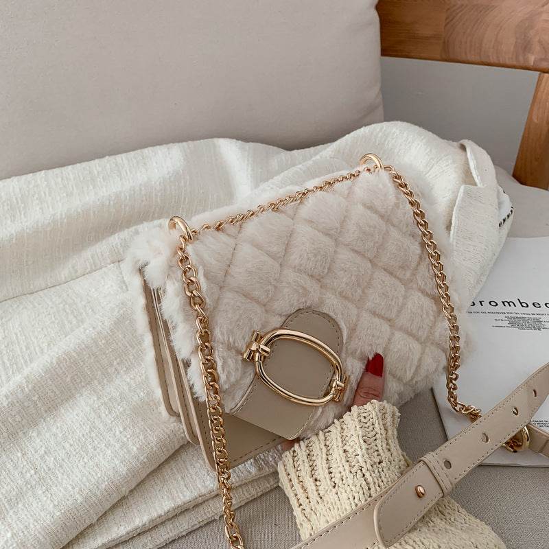 Soft Plush Ladies Square Messenger Bag Winter Female Bag Lady Designer Handbag Chain Shoulder Messenger Bag - Mubimart