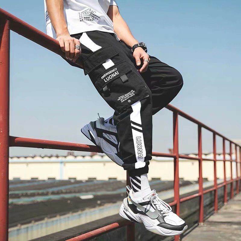 Loose casual cargo pants with velcro straps - Mubimart