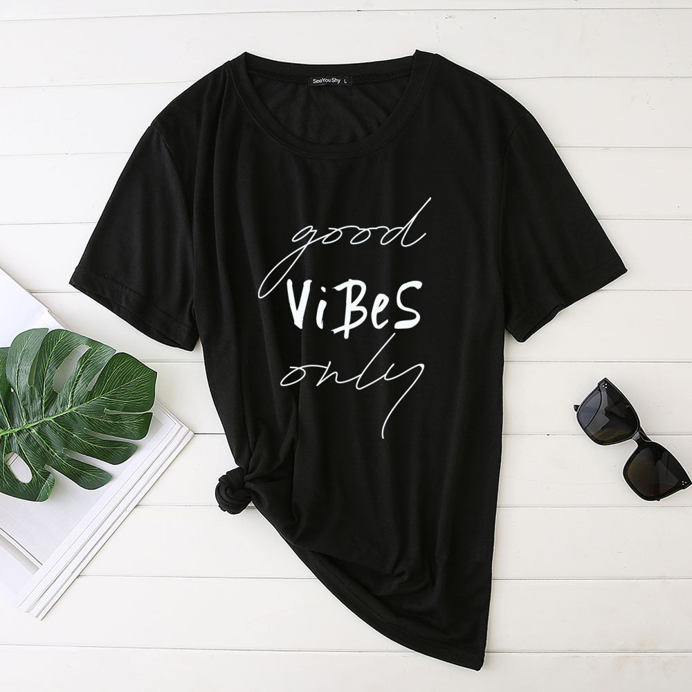 Plus Size Women's Good Vibes Letter Print Funny T-shirt - Mubimart -  