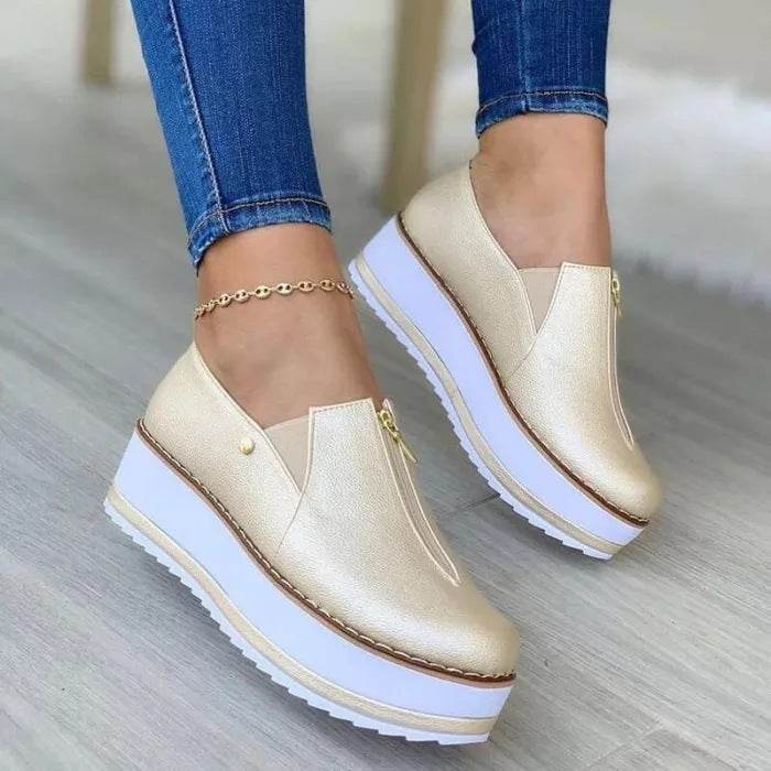 Zipper Flat Shoes Slip On Platform Loafers Women - Mubimart