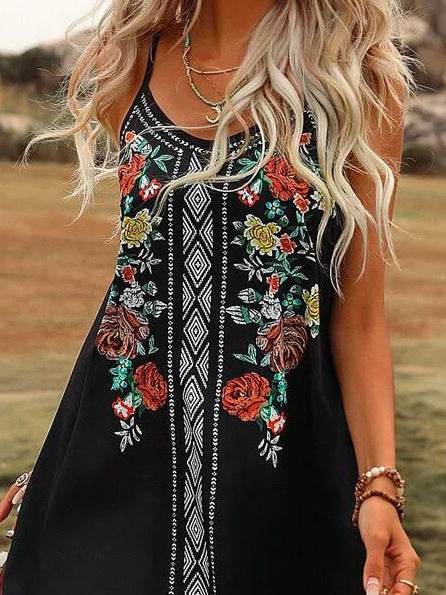 Holiday Ethnic Printing Slip Dress - Mubimart