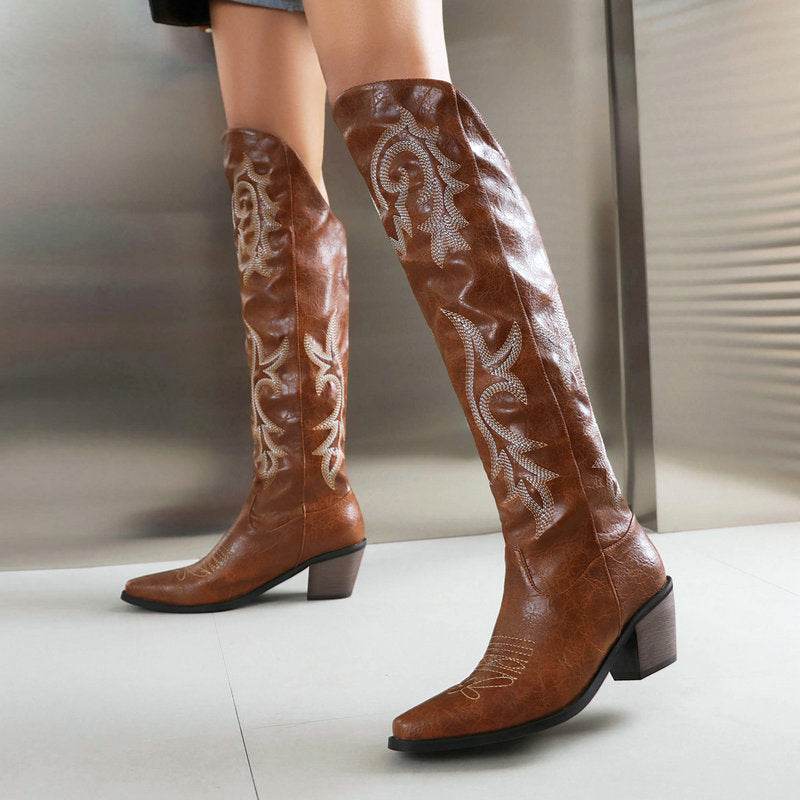 Embroidery Sleeve Western Cowboy Boot Chunky Heel High Heel - Mubimart