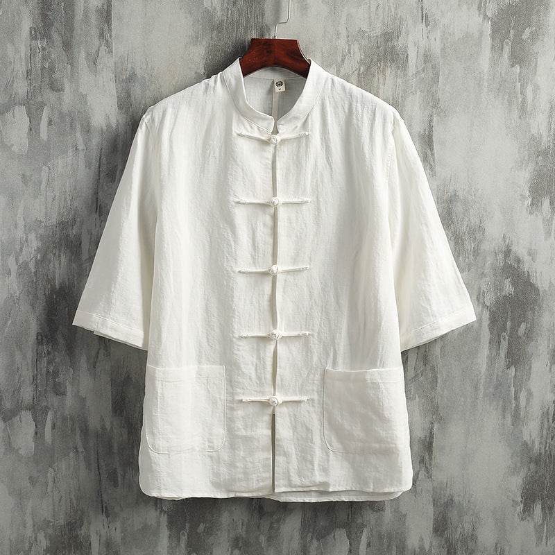 Stand Collar Linen Men's Short Sleeve Cotton Linen Shirt - Mubimart