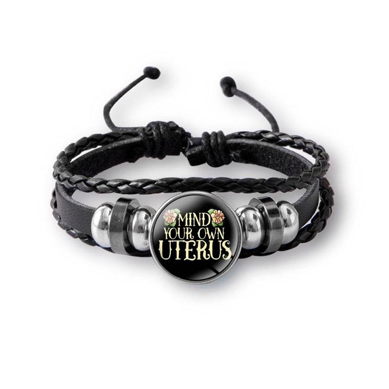 Mind Your Own Uterus Glass Snap Button Charm Bracelet Vintage Multi-layer Leather Bracelets For Women Men - Mubimart