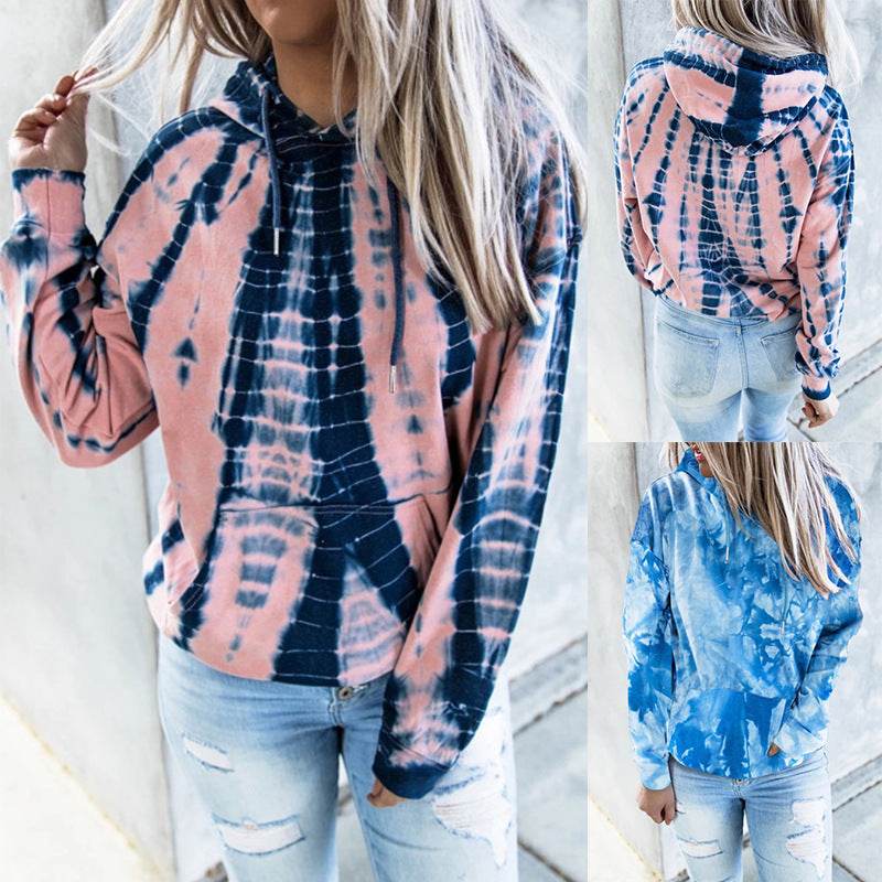 Long-Sleeved Plus Size Tie-Dye Printed Hooded Sweatshirt - Mubimart