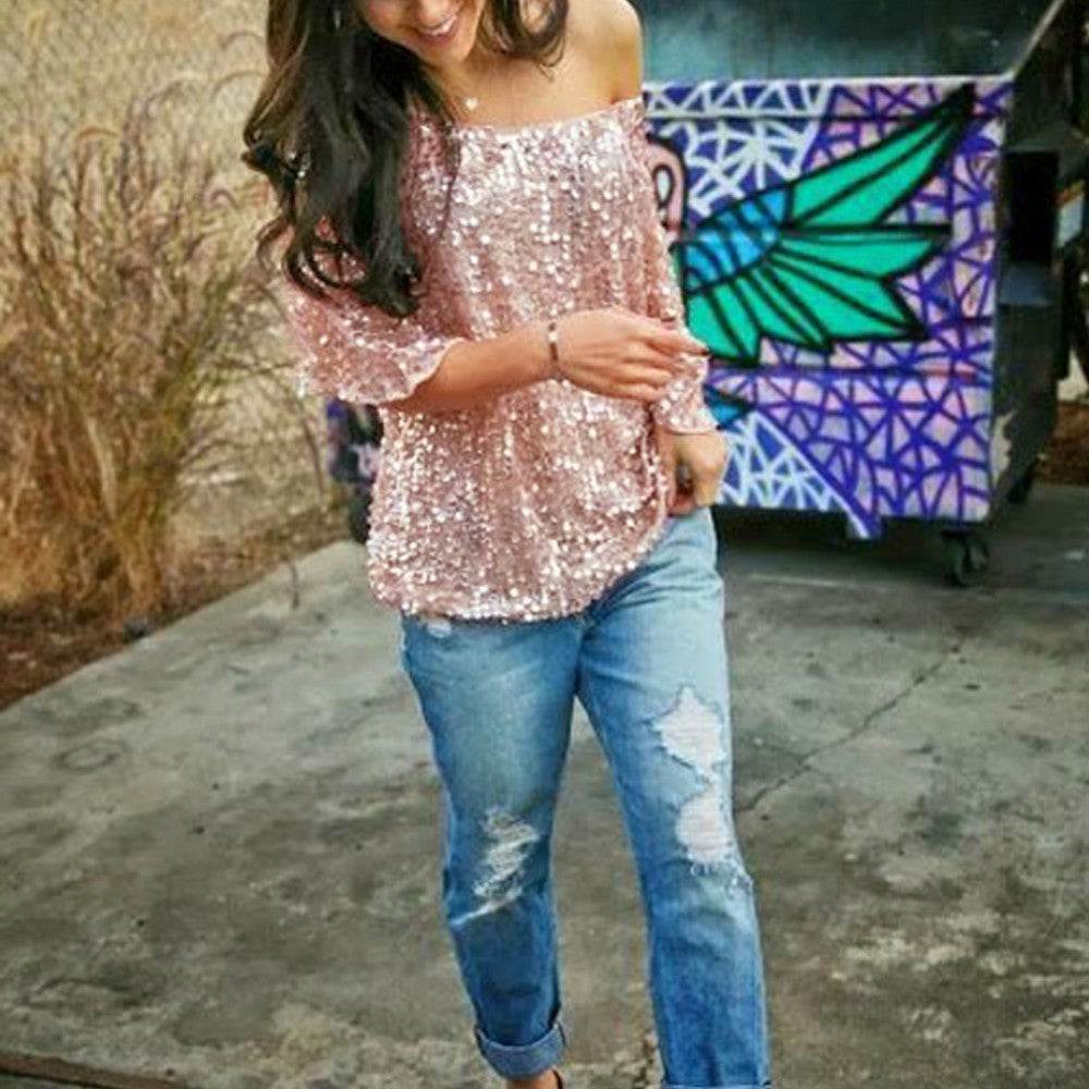 New Fashion Women Sexy Loose Off Shoulder Sequin Glitter Blouses Summer Casual Shirts Vintage Streetwear Party Tops - Mubimart