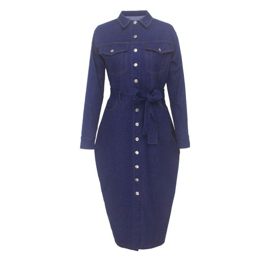 Dress Fashion Plus Size Denim Dress Women Casual, Long Sleeves - Mubimart