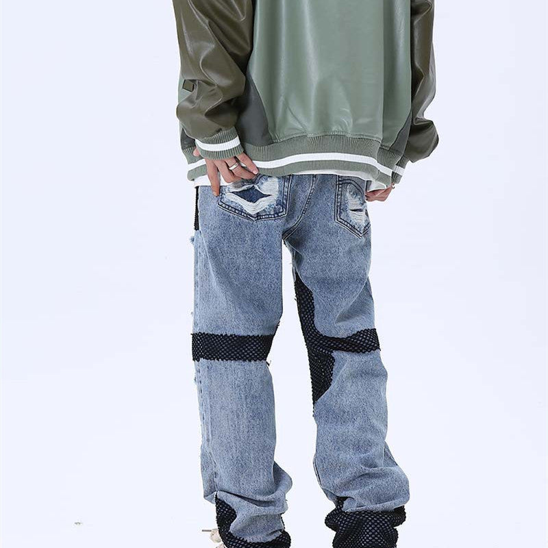 Mens Loose-fitting Casual Frayed Decorative Jeans