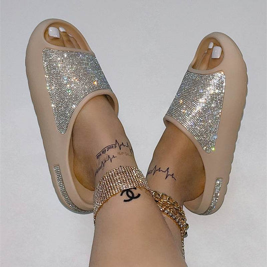 Rhinestone Slippers Women PeepToe Thick Sole Shoes Fashion Slides Summer - Mubimart