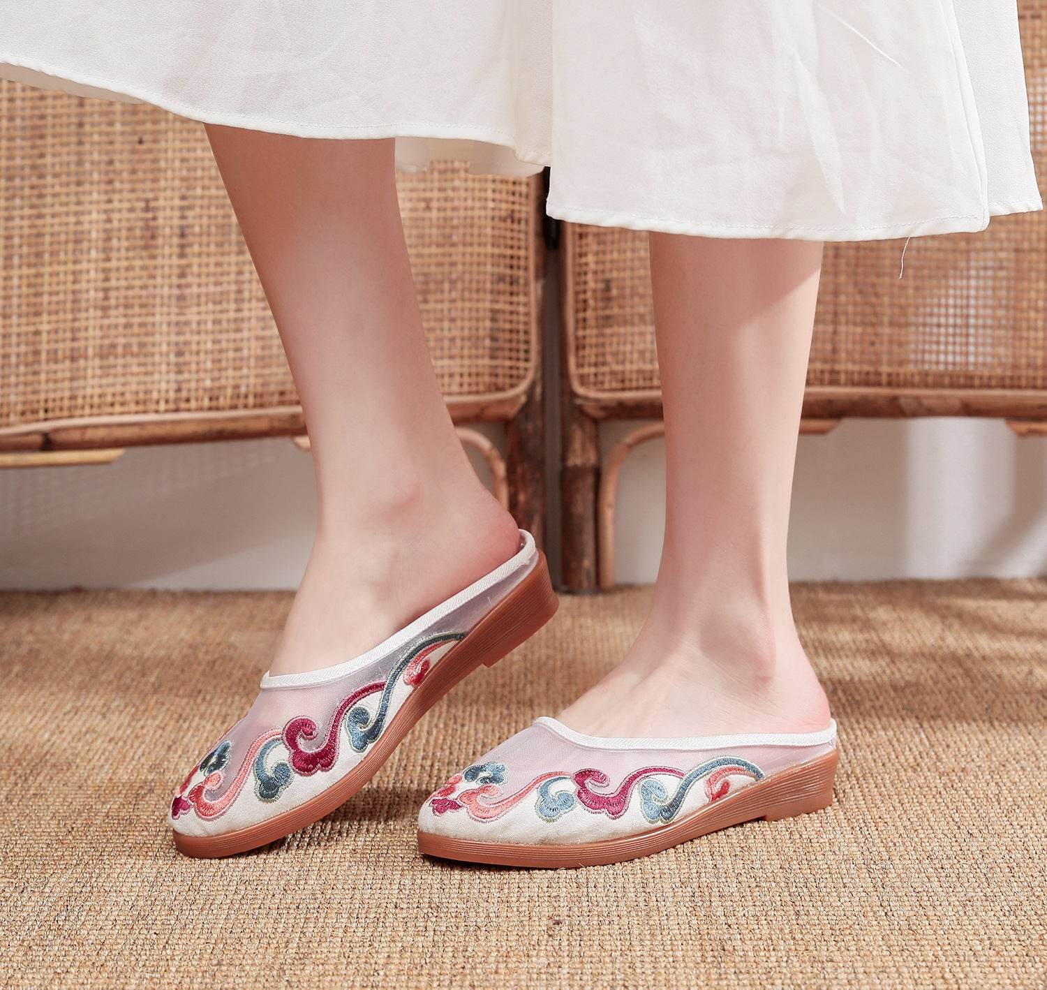 Slippers Mesh Embroidered Cotton Shoes Casual Women Outdoor Slippers - Mubimart