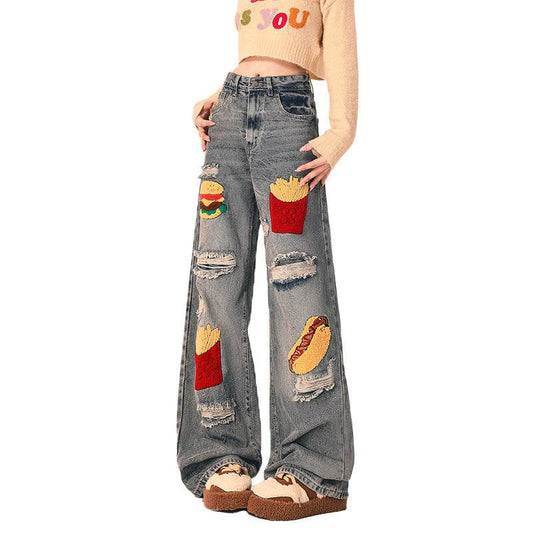 Ripped Jeans Women Loose Straight Wide Leg Oversized Trousers - Mubimart