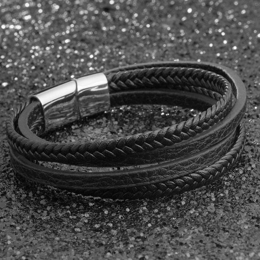Bracelets & Bangles Men Stainless Steel Leather Bracelets Braided Rope Magnetic Clasp Male Bangles Jewelry New - Mubimart