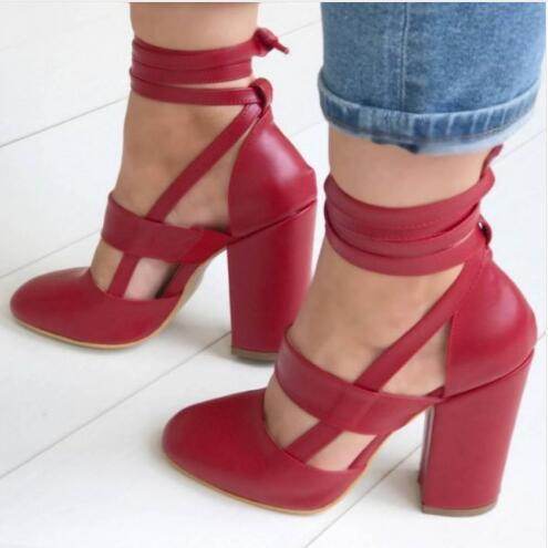 High heel thick heel strap sandals - Mubimart