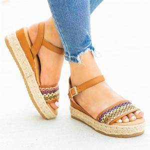 Sandals women's linen braided platform wedge sandals - Mubimart
