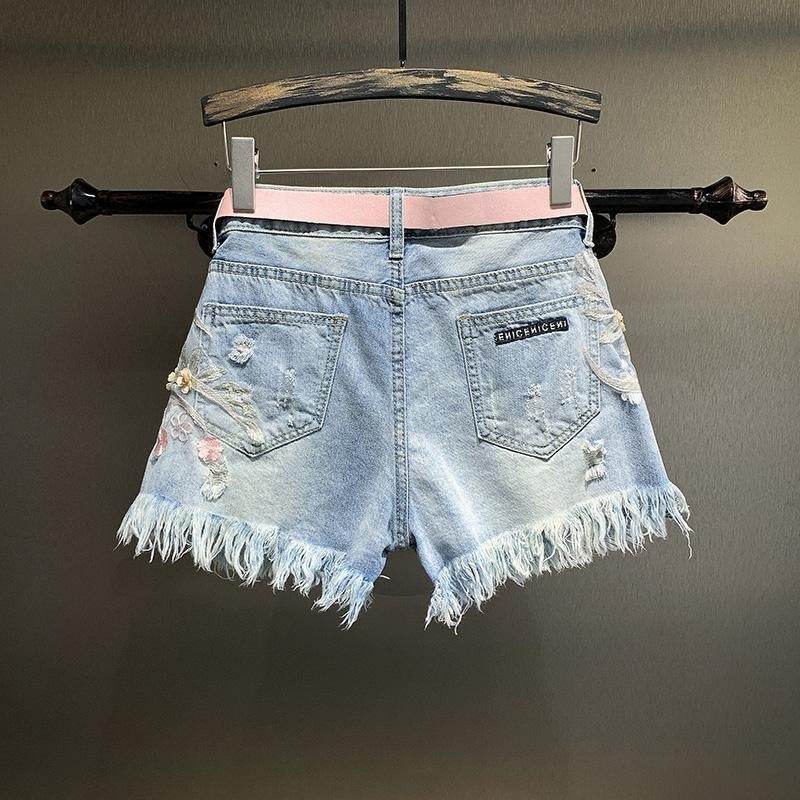 New Embroidery Beads Loose Straight Denim Shorts Women - Mubimart