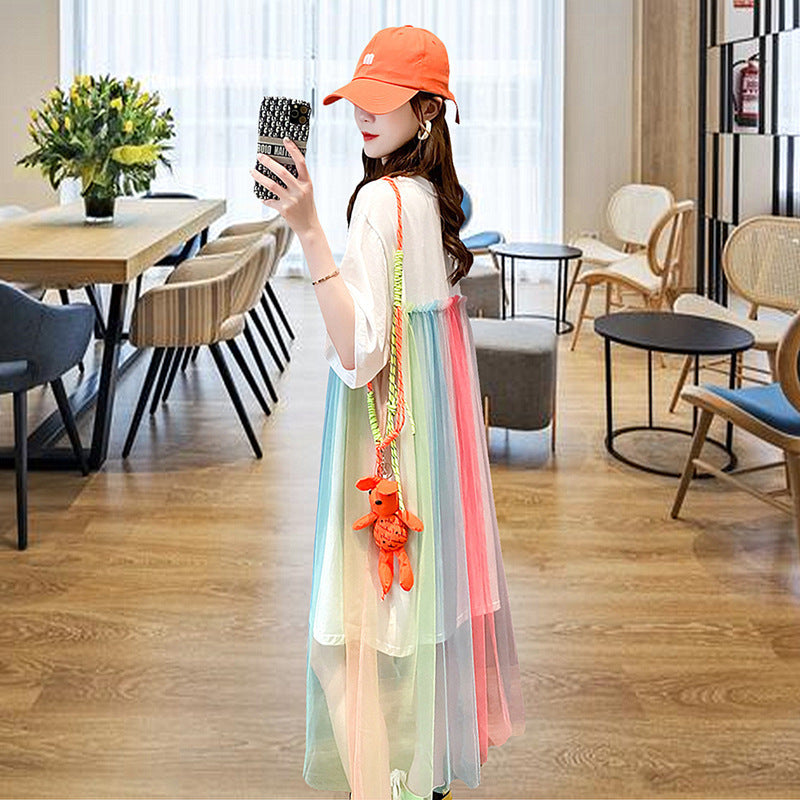 Rainbow Short-sleeved T-shirt Dress Women's Summer Dress Plus Size Mid-length - Mubimart -  