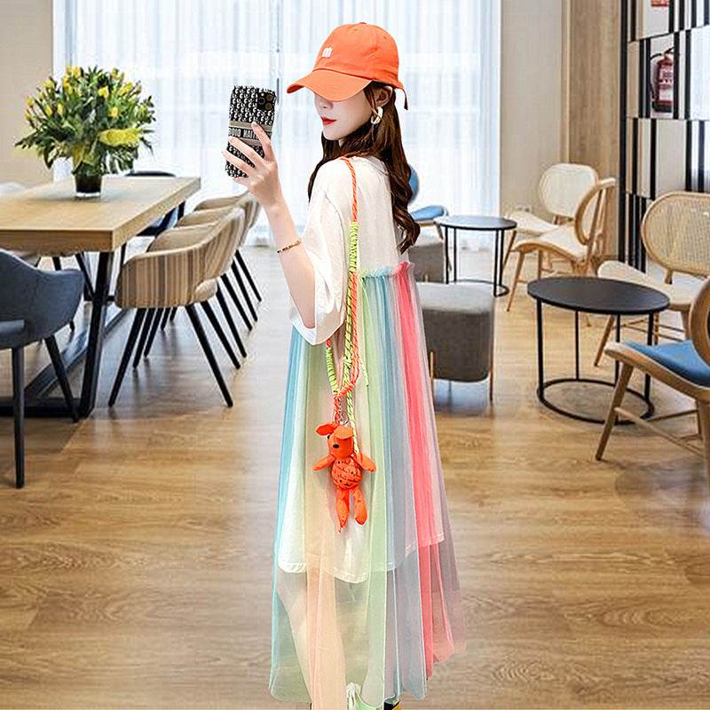 Rainbow Short-sleeved T-shirt Dress Women's Summer Dress Plus Size Mid-length - Mubimart