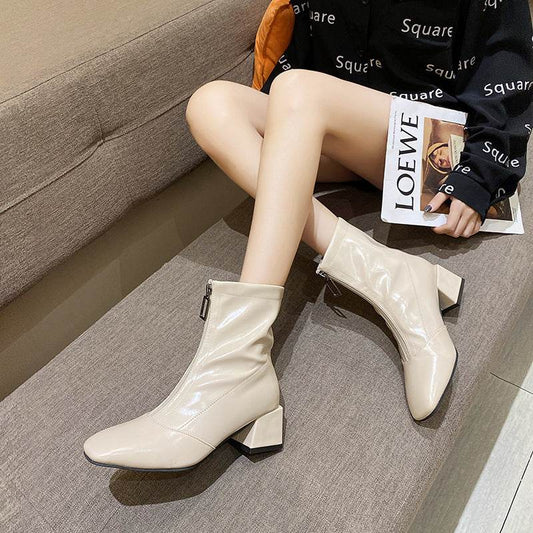 Square Toe Block Heel Zipper High Heel Martin Boots - Mubimart