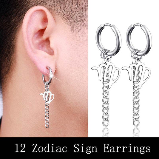 Hip Hop Zodiac Sign Link Chain Tassel Dangle Earrings For Men Women Constellation Jewelry - Mubimart