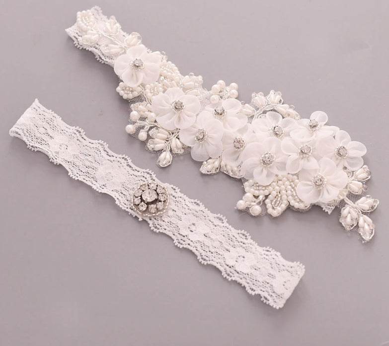 Bridal Rhinestone Garter Belt Pearl Flower Leg Socks Elastic - Mubimart