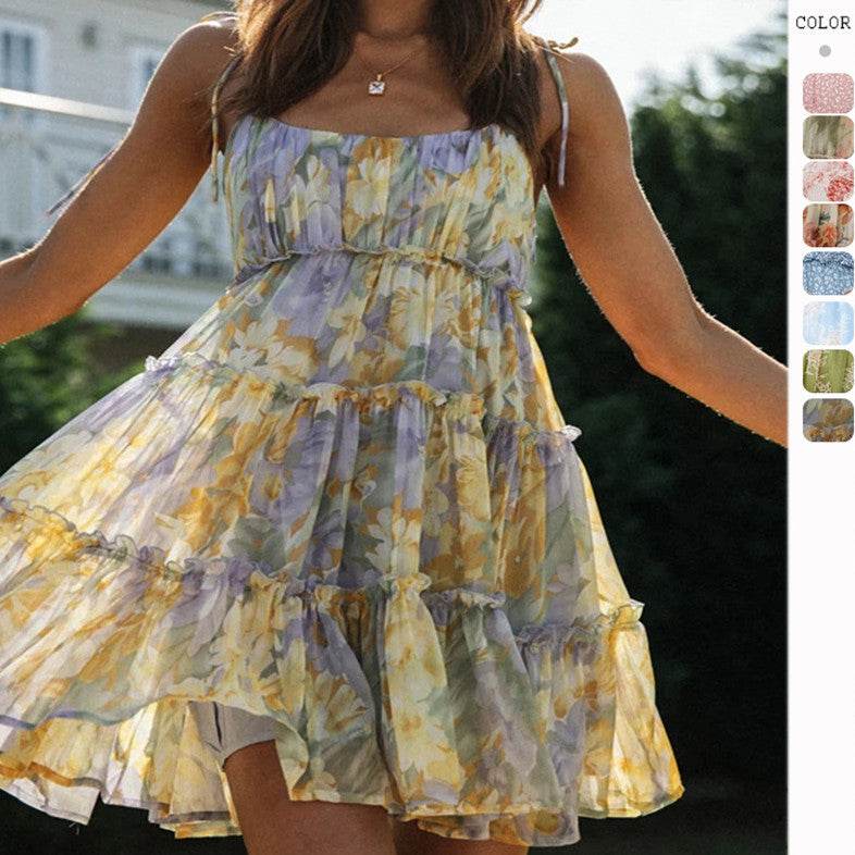 Vacation Style Printing Slip Dress - Mubimart