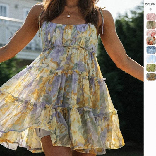 Vacation Style Printing Slip Dress - Mubimart