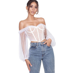 Net Yarn One-shoulder Herringbone Corset Long-sleeved Top - Mubimart - Corset top 