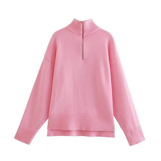 Zip-Up Casual Loose Pullover Sweater - Mubimart