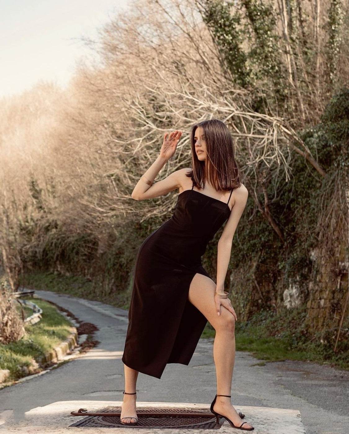 Slim Fit Black Slip Dress Midi - Mubimart