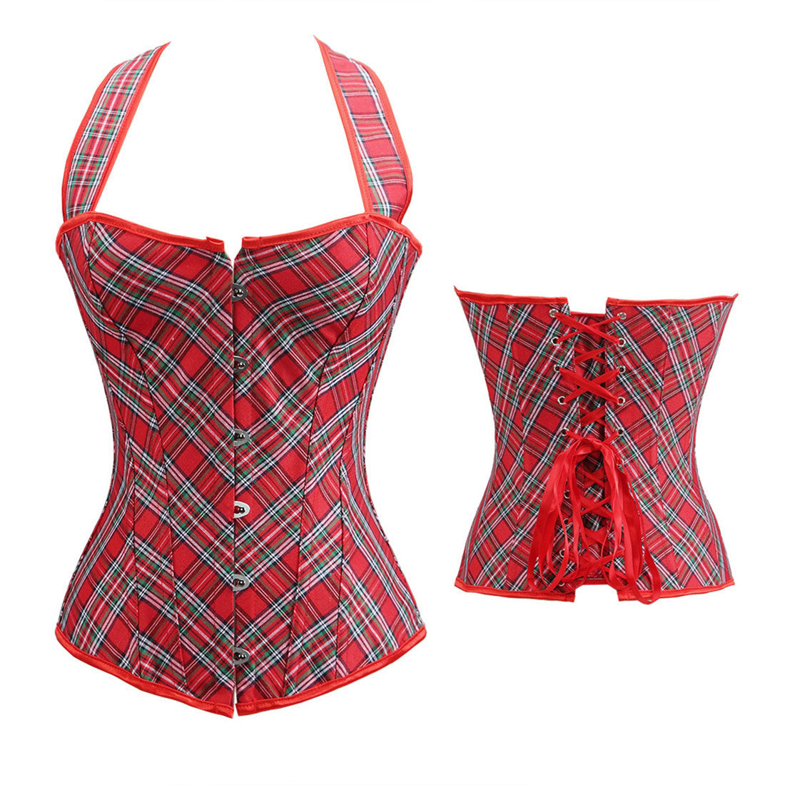 Simple Red Plaid Corset Top, Abdomen Shaping - Mubimart -  