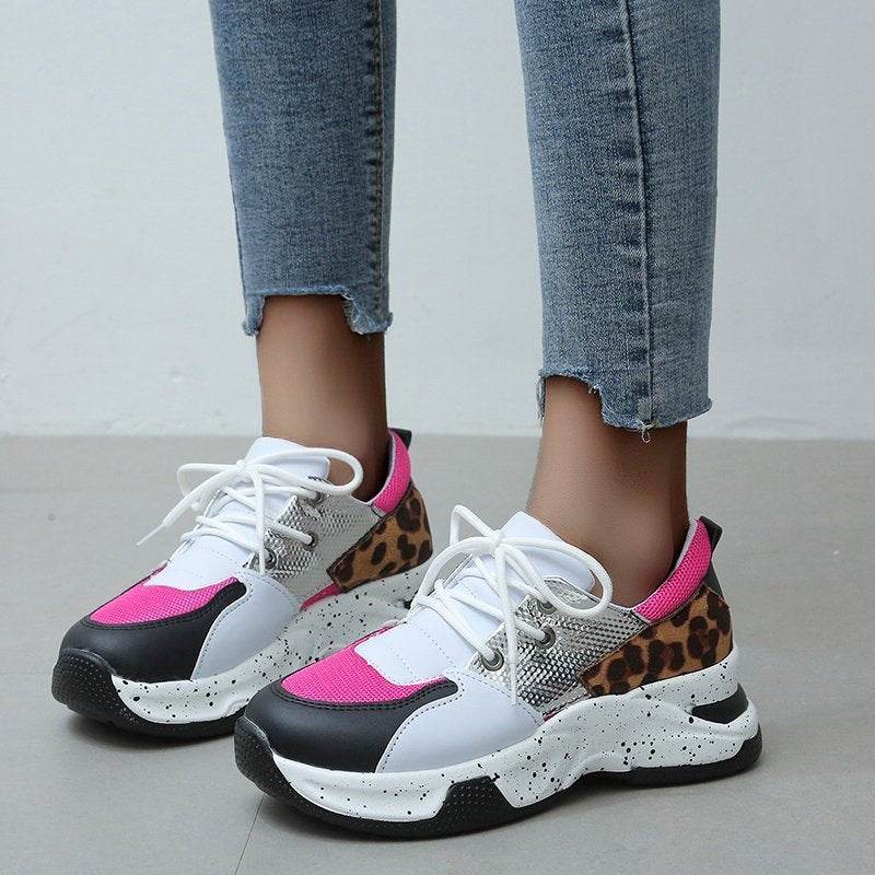 Leopard Print Sneakers Women Lace Up Walking Running Sports Shoes - Mubimart