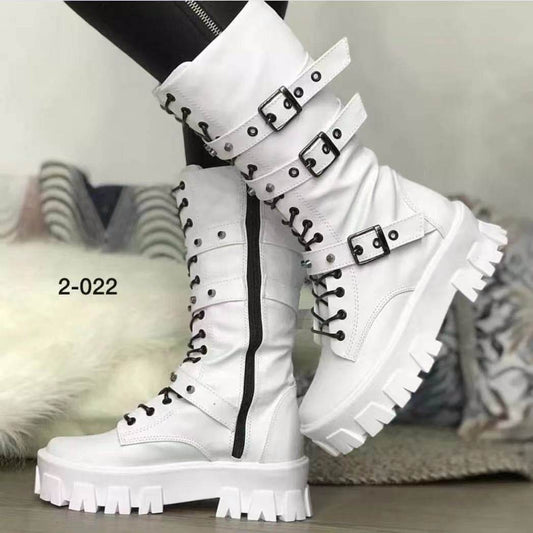 European And American Mid-calf Buckle Knight Boots Women - Mubimart