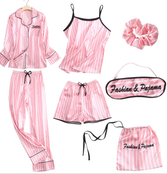 Simulated Silk Striped Seven-piece Loungewear - Mubimart -  