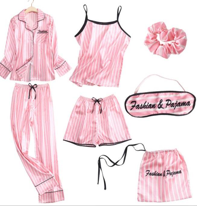 Simulated Silk Striped Seven-piece Loungewear - Mubimart