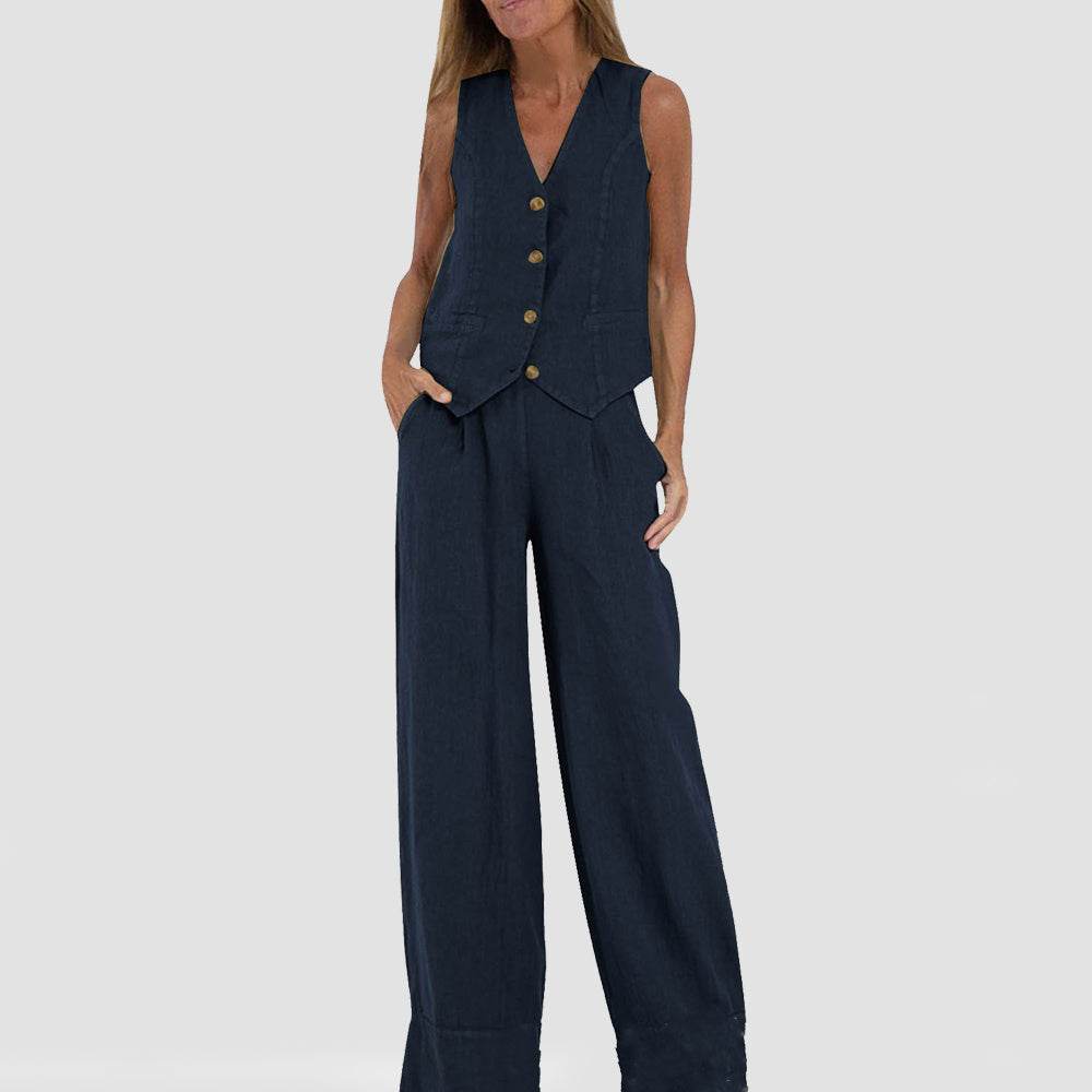 Summer Vest Suits V-neck Botton Sleeveless Top And Loose Straight Trousers Casual Womens Clothing - Mubimart