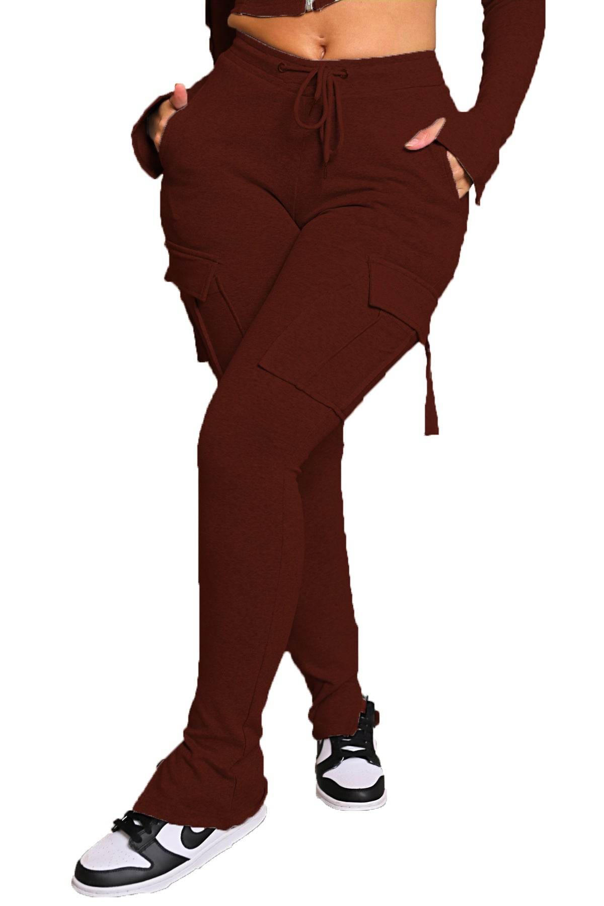 Cargo Pants With Pockets High Waist Drawstring Wide Leg Straight Trousers For Women Overalls - Mubimart