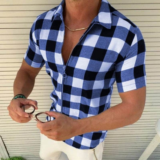 Plaid T Shirt Mens Zipper Short Sleeve Shirts Summer Men Clothing - Mubimart