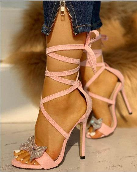 Women's Super High Heel Strappy Open-toe Rhinestone Sandals - Mubimart