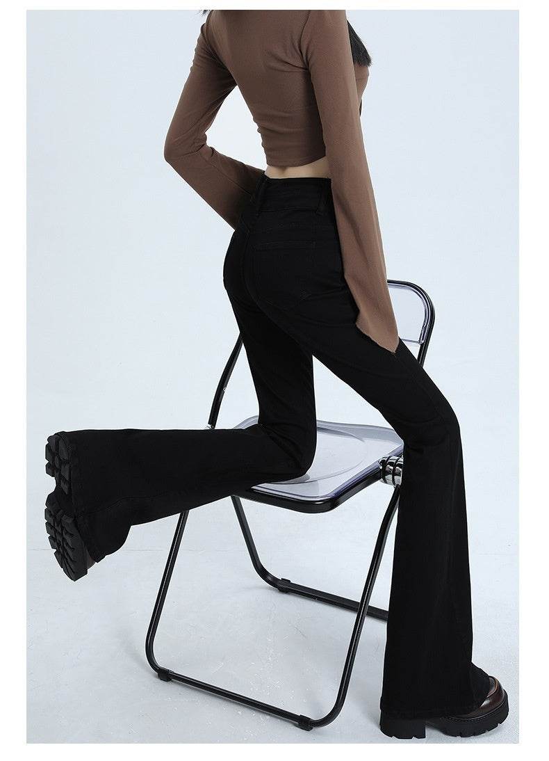 High Waist Slimming Hot Girl Double Buckle Slightly Flared Jeans Women - Mubimart