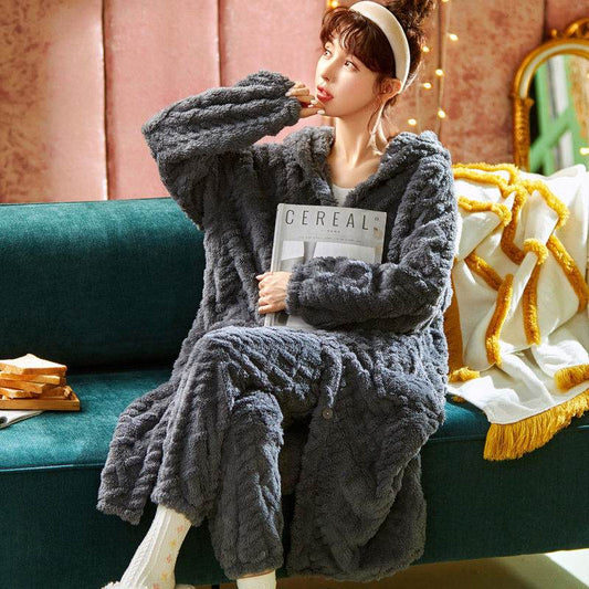 Long Flannel Robe Bathrobe Loungewear Set - Mubimart