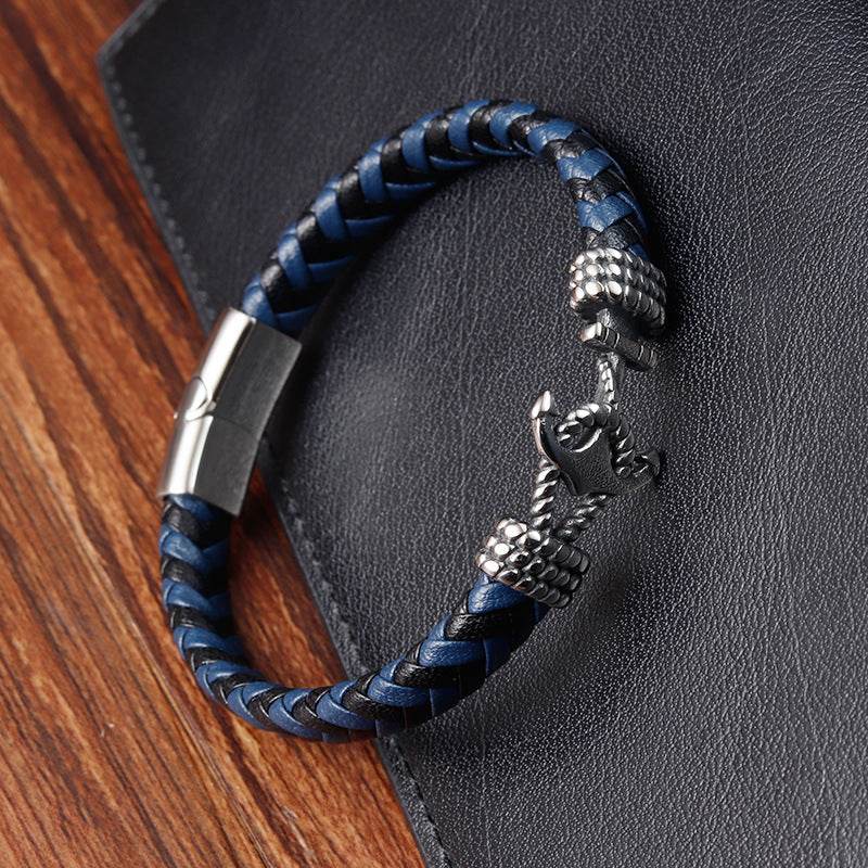 Mens Titanium Steel Bracelet Leather Braided Anchor - Mubimart