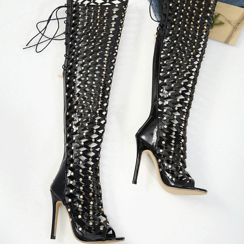 Women's Fashion Hollowed-out High Heel Sandal Boots - Mubimart