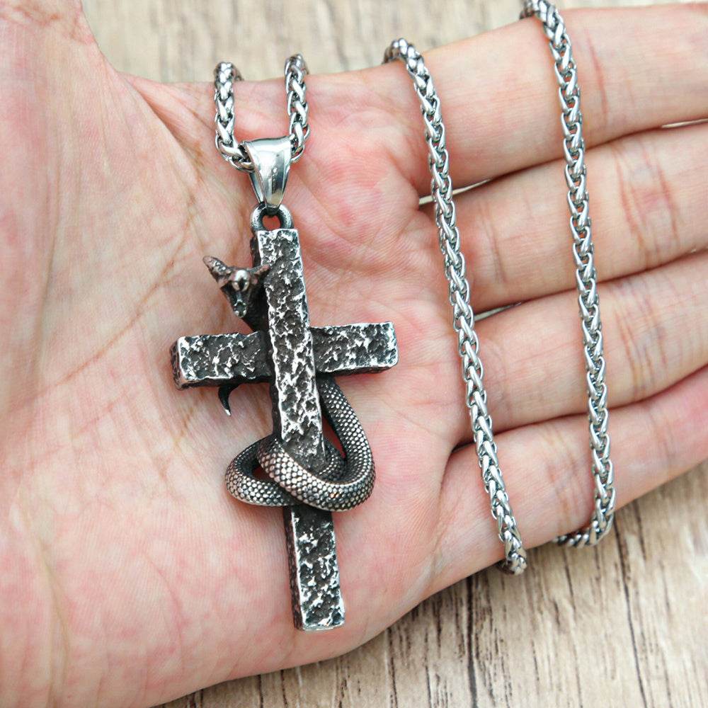 Mens Fashion Vintage Solid Three-dimensional Cobra Cross Pendant Necklace - Mubimart