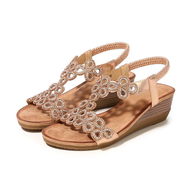Rhinestone Bohemian Wedge Sandals - Mubimart