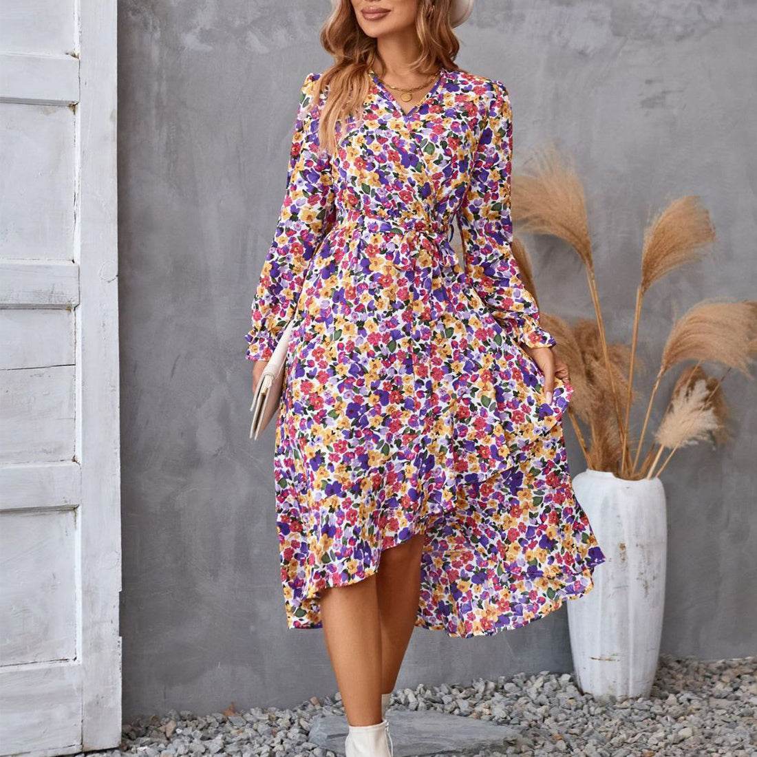 Flowers Print Long Sleeve Dress Fashion Ruffled Commuter Temperament Dresses Womens Clothing - Mubimart