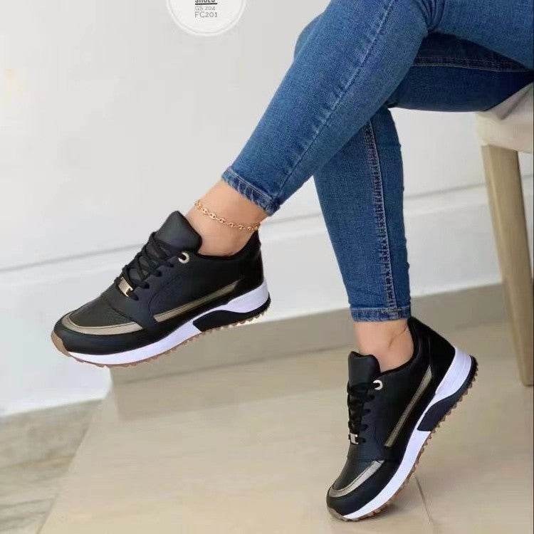 Casual Lace-up Flat Shoes Women Shallow Round Toe Sports Walking Sneakers - Mubimart