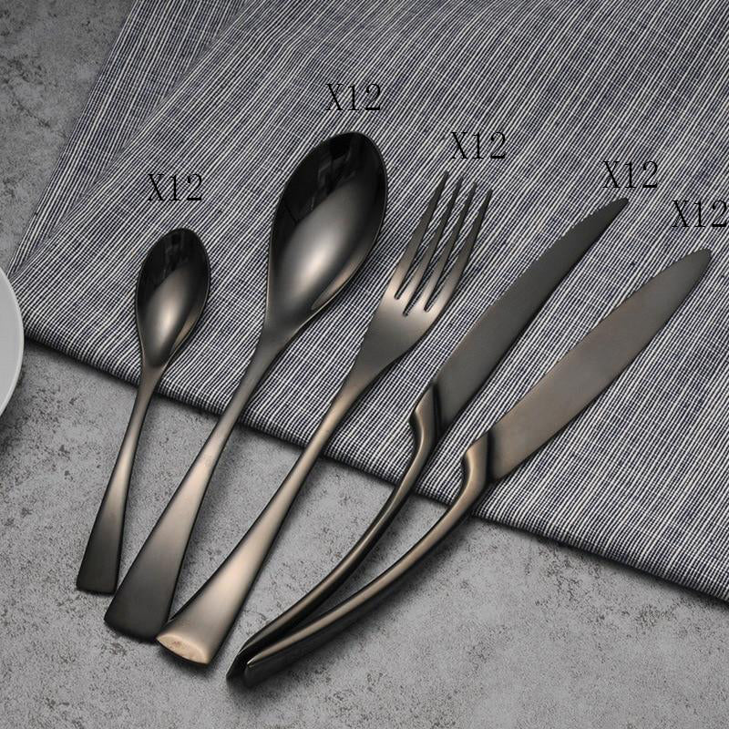 4PCS Set Black Stainless Steel Cutlery Korean Dinnerware Set Gifts Mirror Polishing Silverware Sets Scoop Knife and Fork Sets - Mubimart -  