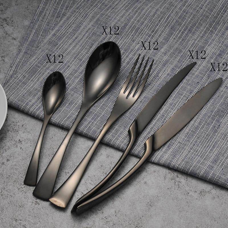 4PCS Set Black Stainless Steel Cutlery Korean Dinnerware Set Gifts Mirror Polishing Silverware Sets Scoop Knife and Fork Sets - Mubimart