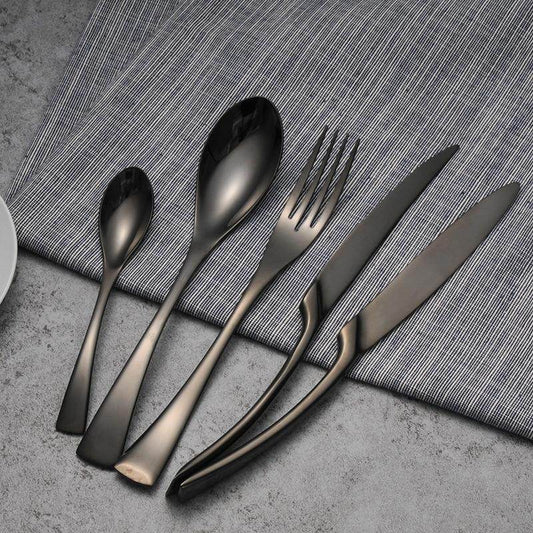 4PCS Set Black Stainless Steel Cutlery Korean Dinnerware Set Gifts Mirror Polishing Silverware Sets Scoop Knife and Fork Sets - Mubimart